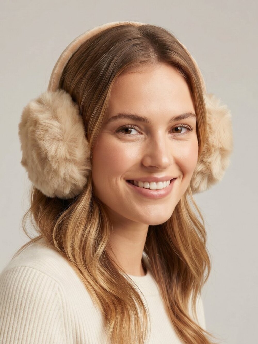 NIP Fluffy Faux Fur Beige Adjustable Winter Ear Muffs